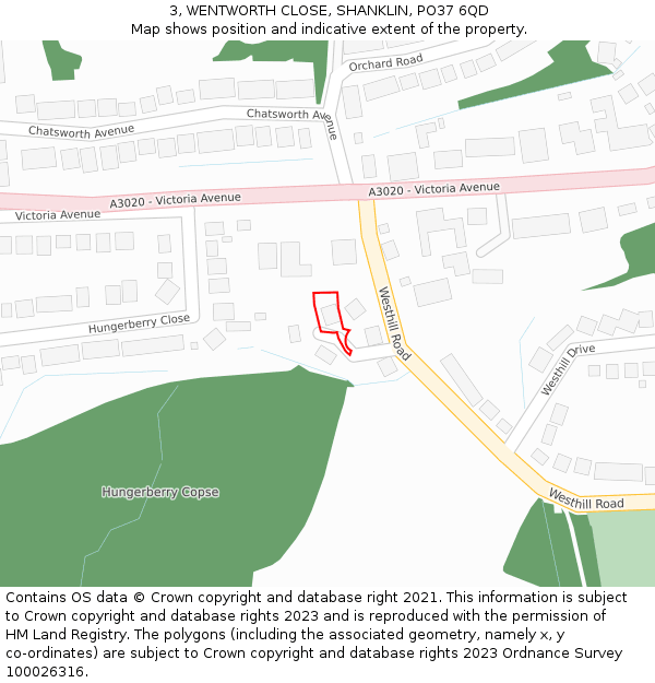 3, WENTWORTH CLOSE, SHANKLIN, PO37 6QD: Location map and indicative extent of plot