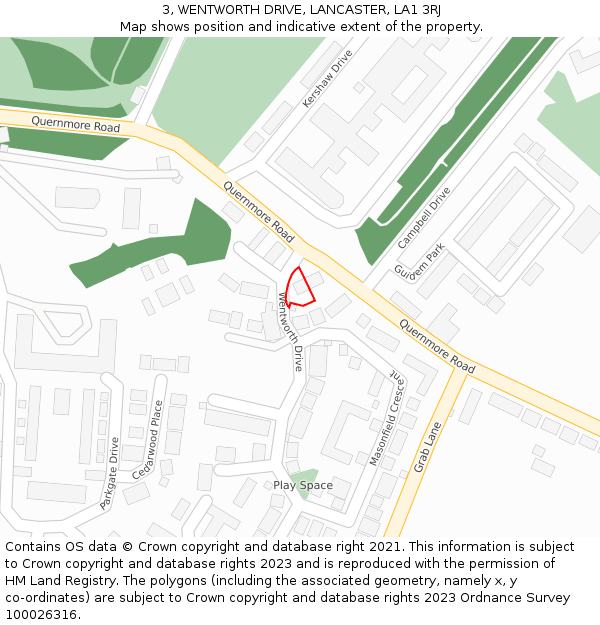 3, WENTWORTH DRIVE, LANCASTER, LA1 3RJ: Location map and indicative extent of plot