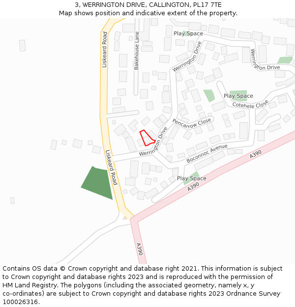 3, WERRINGTON DRIVE, CALLINGTON, PL17 7TE: Location map and indicative extent of plot