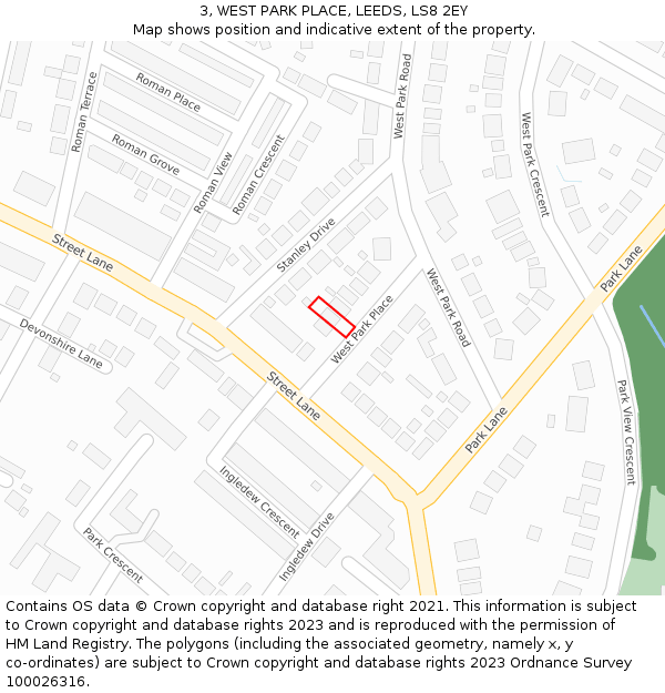 3, WEST PARK PLACE, LEEDS, LS8 2EY: Location map and indicative extent of plot