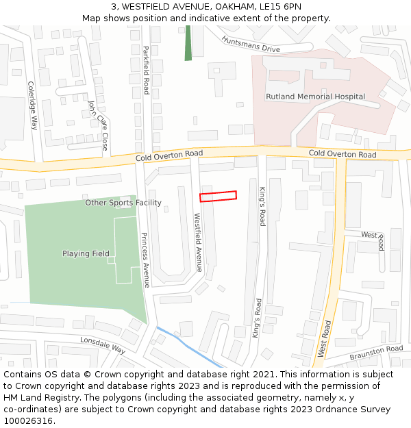 3, WESTFIELD AVENUE, OAKHAM, LE15 6PN: Location map and indicative extent of plot