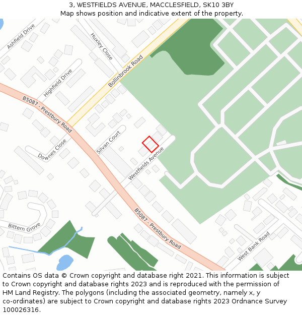 3, WESTFIELDS AVENUE, MACCLESFIELD, SK10 3BY: Location map and indicative extent of plot