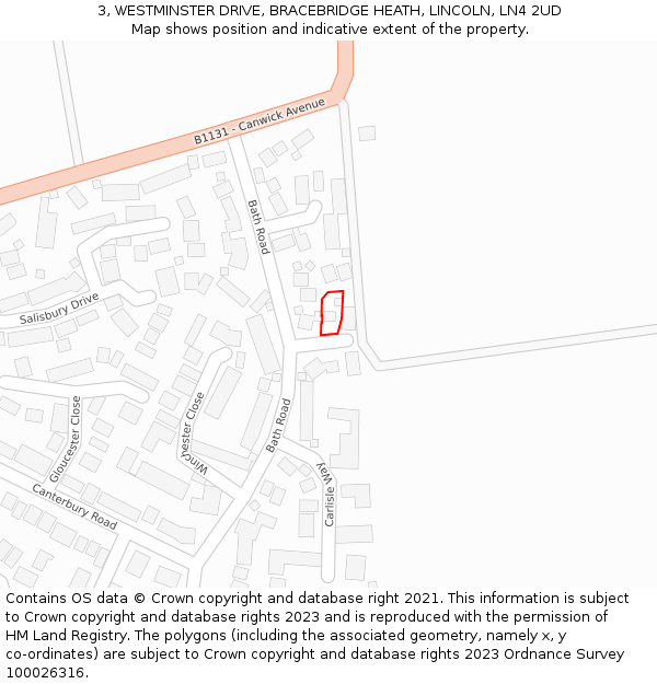 3, WESTMINSTER DRIVE, BRACEBRIDGE HEATH, LINCOLN, LN4 2UD: Location map and indicative extent of plot