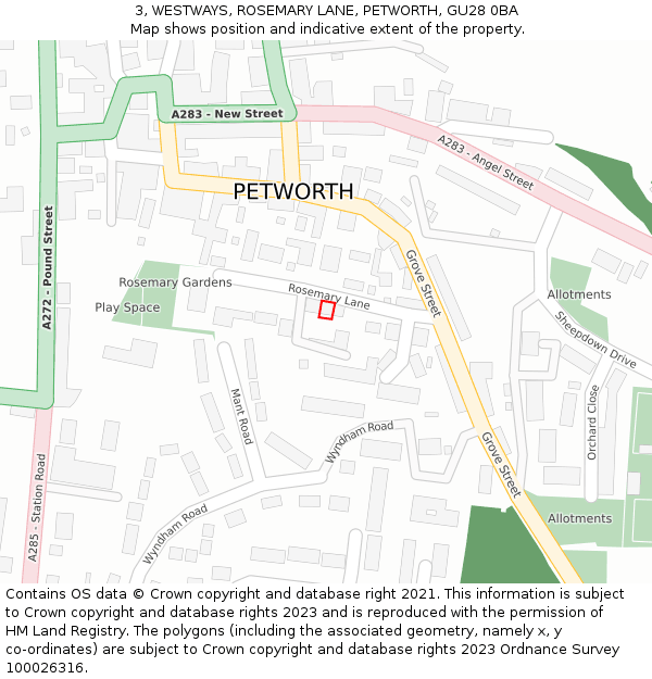 3, WESTWAYS, ROSEMARY LANE, PETWORTH, GU28 0BA: Location map and indicative extent of plot