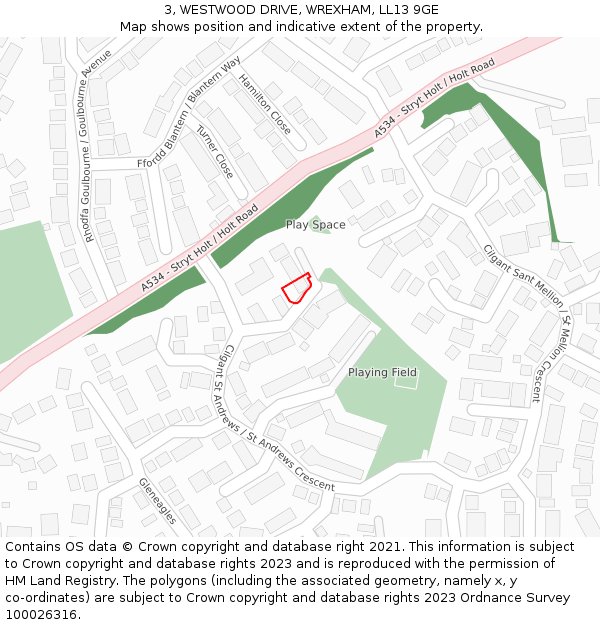 3, WESTWOOD DRIVE, WREXHAM, LL13 9GE: Location map and indicative extent of plot