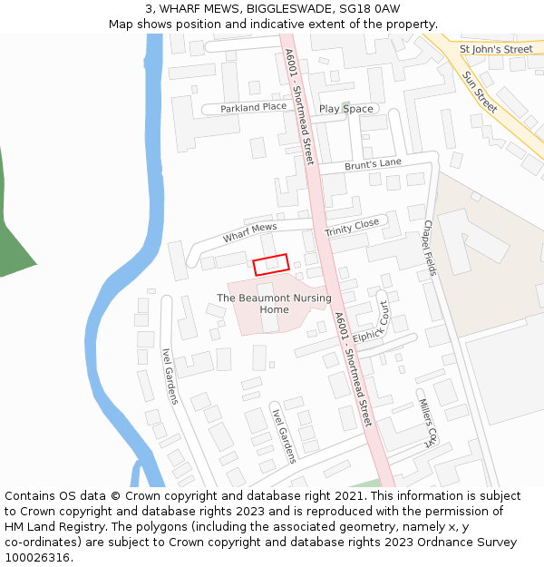 3, WHARF MEWS, BIGGLESWADE, SG18 0AW: Location map and indicative extent of plot