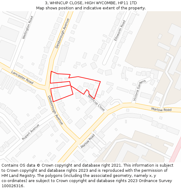 3, WHINCUP CLOSE, HIGH WYCOMBE, HP11 1TD: Location map and indicative extent of plot