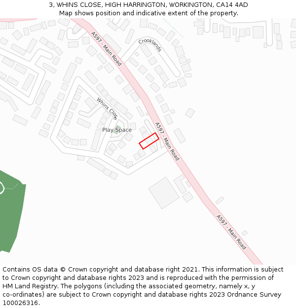 3, WHINS CLOSE, HIGH HARRINGTON, WORKINGTON, CA14 4AD: Location map and indicative extent of plot