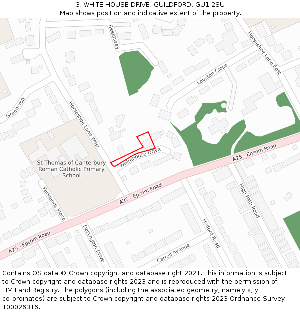 3, WHITE HOUSE DRIVE, GUILDFORD, GU1 2SU: Location map and indicative extent of plot