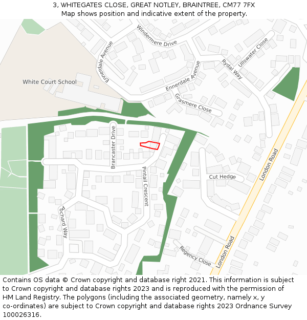 3, WHITEGATES CLOSE, GREAT NOTLEY, BRAINTREE, CM77 7FX: Location map and indicative extent of plot