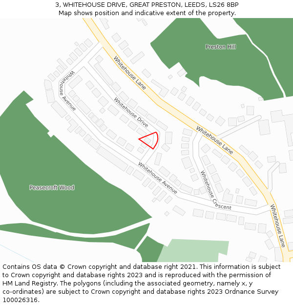3, WHITEHOUSE DRIVE, GREAT PRESTON, LEEDS, LS26 8BP: Location map and indicative extent of plot