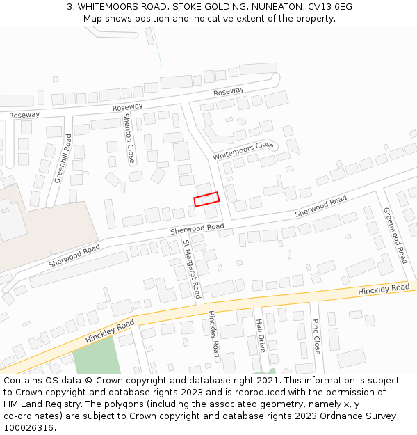 3, WHITEMOORS ROAD, STOKE GOLDING, NUNEATON, CV13 6EG: Location map and indicative extent of plot