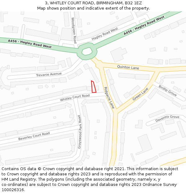 3, WHITLEY COURT ROAD, BIRMINGHAM, B32 1EZ: Location map and indicative extent of plot