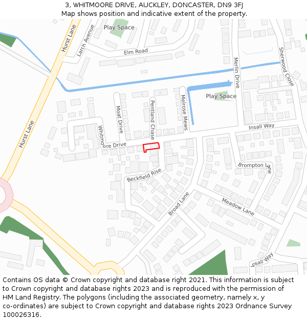 3, WHITMOORE DRIVE, AUCKLEY, DONCASTER, DN9 3FJ: Location map and indicative extent of plot