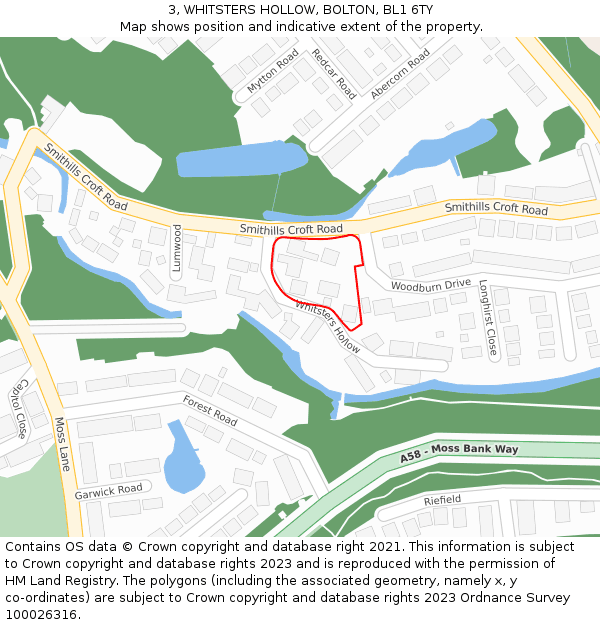 3, WHITSTERS HOLLOW, BOLTON, BL1 6TY: Location map and indicative extent of plot