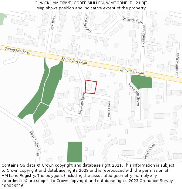 3, WICKHAM DRIVE, CORFE MULLEN, WIMBORNE, BH21 3JT: Location map and indicative extent of plot