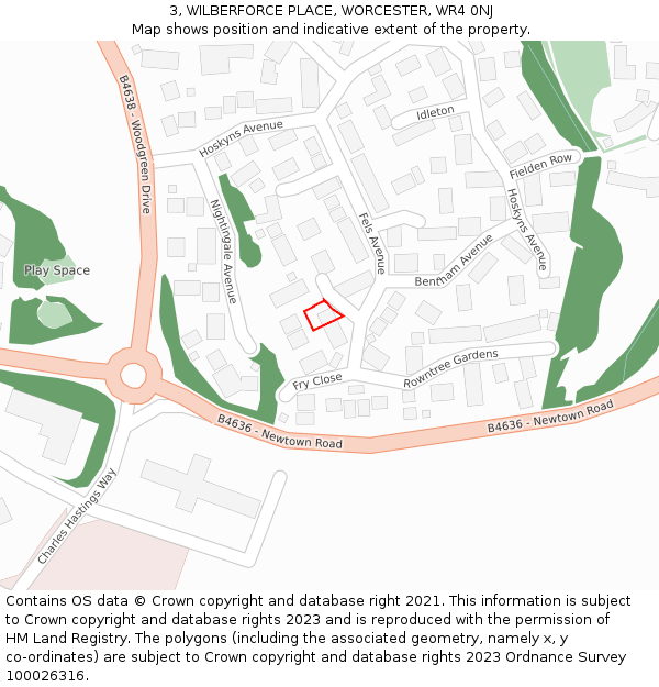 3, WILBERFORCE PLACE, WORCESTER, WR4 0NJ: Location map and indicative extent of plot