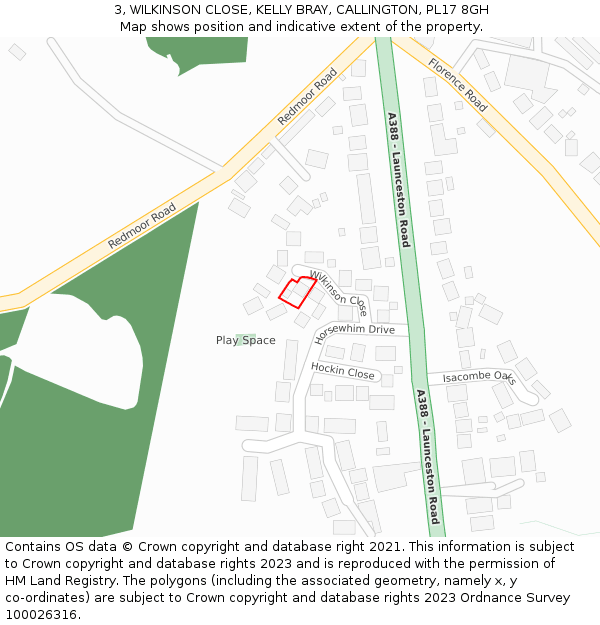 3, WILKINSON CLOSE, KELLY BRAY, CALLINGTON, PL17 8GH: Location map and indicative extent of plot