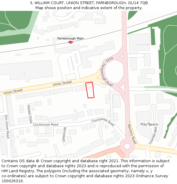 3, WILLIAM COURT, UNION STREET, FARNBOROUGH, GU14 7QB: Location map and indicative extent of plot