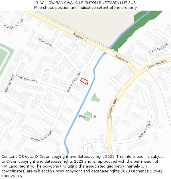 3, WILLOW BANK WALK, LEIGHTON BUZZARD, LU7 3UR: Location map and indicative extent of plot