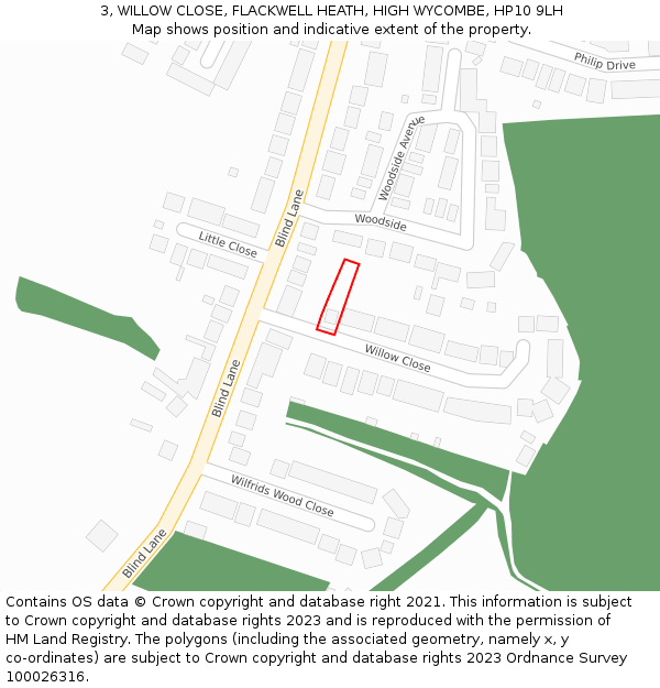 3, WILLOW CLOSE, FLACKWELL HEATH, HIGH WYCOMBE, HP10 9LH: Location map and indicative extent of plot
