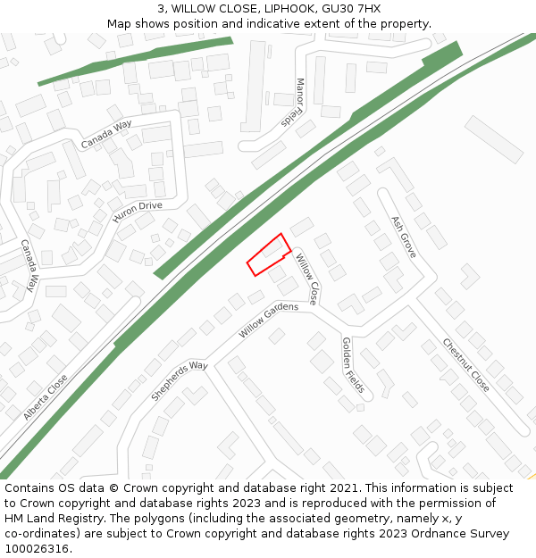3, WILLOW CLOSE, LIPHOOK, GU30 7HX: Location map and indicative extent of plot