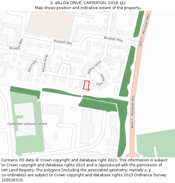 3, WILLOW DRIVE, CARTERTON, OX18 1JU: Location map and indicative extent of plot