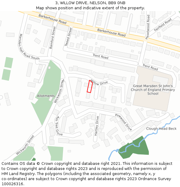 3, WILLOW DRIVE, NELSON, BB9 0NB: Location map and indicative extent of plot