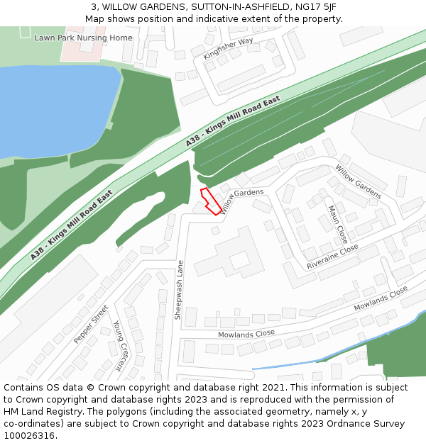 3, WILLOW GARDENS, SUTTON-IN-ASHFIELD, NG17 5JF: Location map and indicative extent of plot