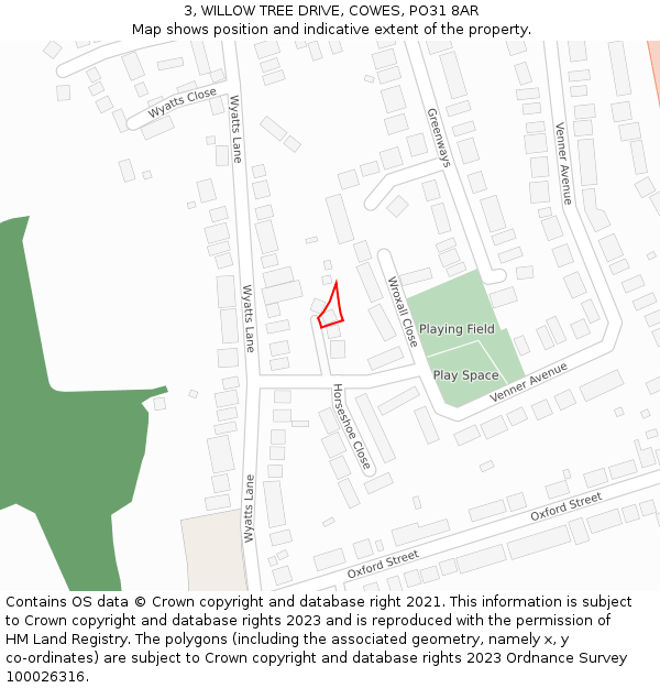 3, WILLOW TREE DRIVE, COWES, PO31 8AR: Location map and indicative extent of plot