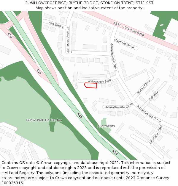 3, WILLOWCROFT RISE, BLYTHE BRIDGE, STOKE-ON-TRENT, ST11 9ST: Location map and indicative extent of plot