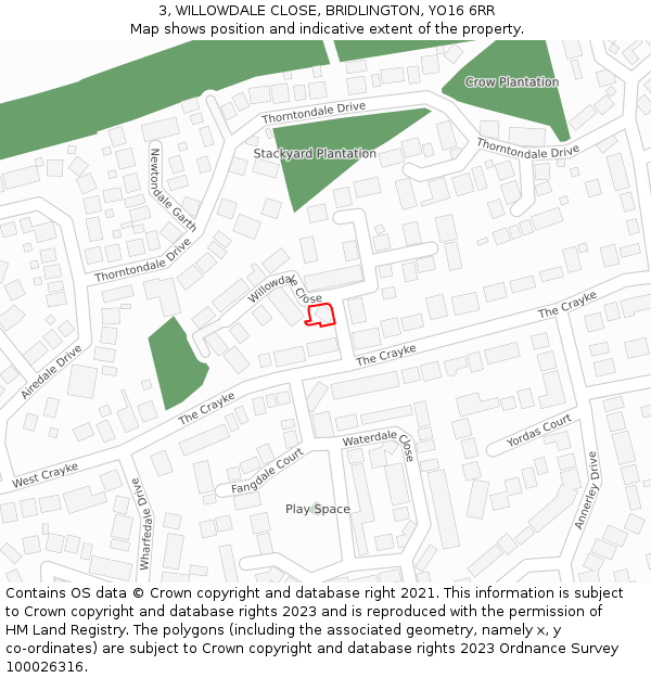 3, WILLOWDALE CLOSE, BRIDLINGTON, YO16 6RR: Location map and indicative extent of plot