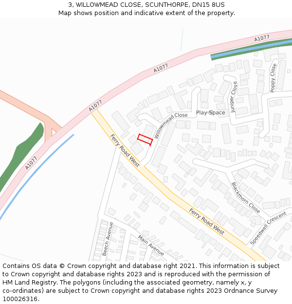 3, WILLOWMEAD CLOSE, SCUNTHORPE, DN15 8US: Location map and indicative extent of plot