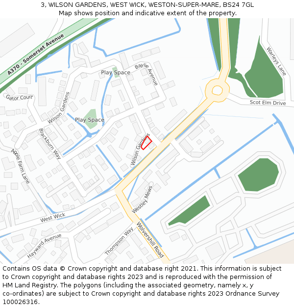 3, WILSON GARDENS, WEST WICK, WESTON-SUPER-MARE, BS24 7GL: Location map and indicative extent of plot