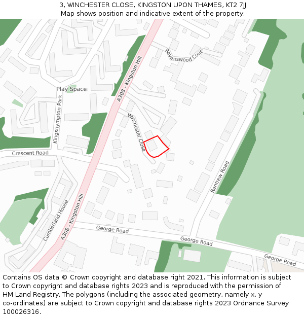 3, WINCHESTER CLOSE, KINGSTON UPON THAMES, KT2 7JJ: Location map and indicative extent of plot