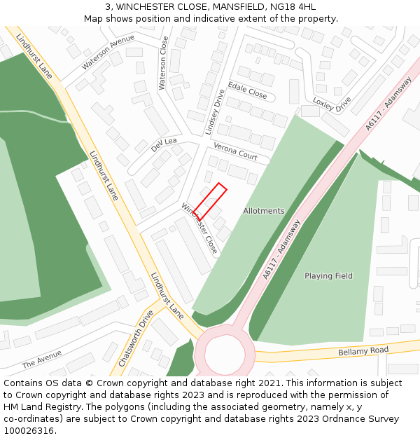 3, WINCHESTER CLOSE, MANSFIELD, NG18 4HL: Location map and indicative extent of plot