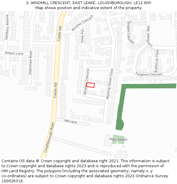 3, WINDMILL CRESCENT, EAST LEAKE, LOUGHBOROUGH, LE12 6NY: Location map and indicative extent of plot