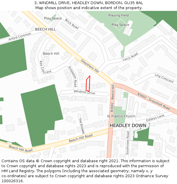 3, WINDMILL DRIVE, HEADLEY DOWN, BORDON, GU35 8AL: Location map and indicative extent of plot