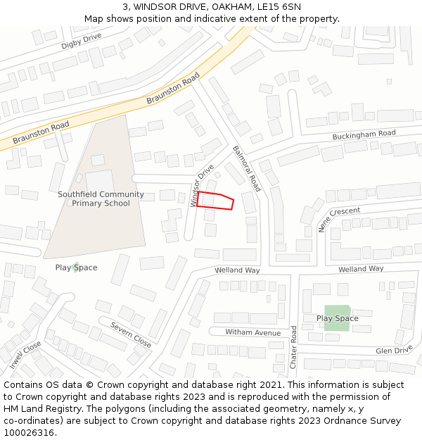 3, WINDSOR DRIVE, OAKHAM, LE15 6SN: Location map and indicative extent of plot