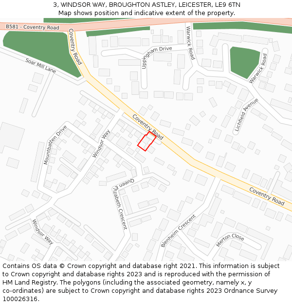 3, WINDSOR WAY, BROUGHTON ASTLEY, LEICESTER, LE9 6TN: Location map and indicative extent of plot