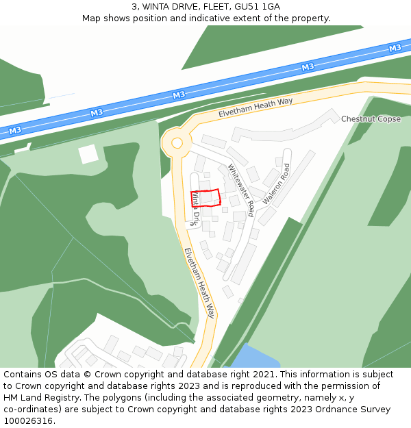3, WINTA DRIVE, FLEET, GU51 1GA: Location map and indicative extent of plot