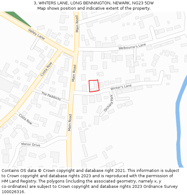 3, WINTERS LANE, LONG BENNINGTON, NEWARK, NG23 5DW: Location map and indicative extent of plot