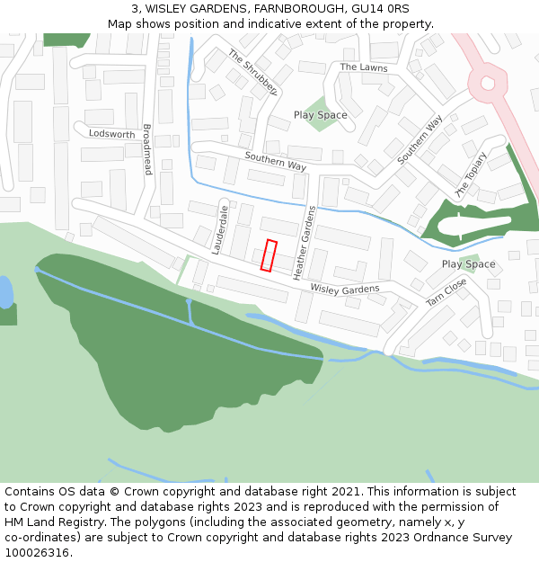 3, WISLEY GARDENS, FARNBOROUGH, GU14 0RS: Location map and indicative extent of plot