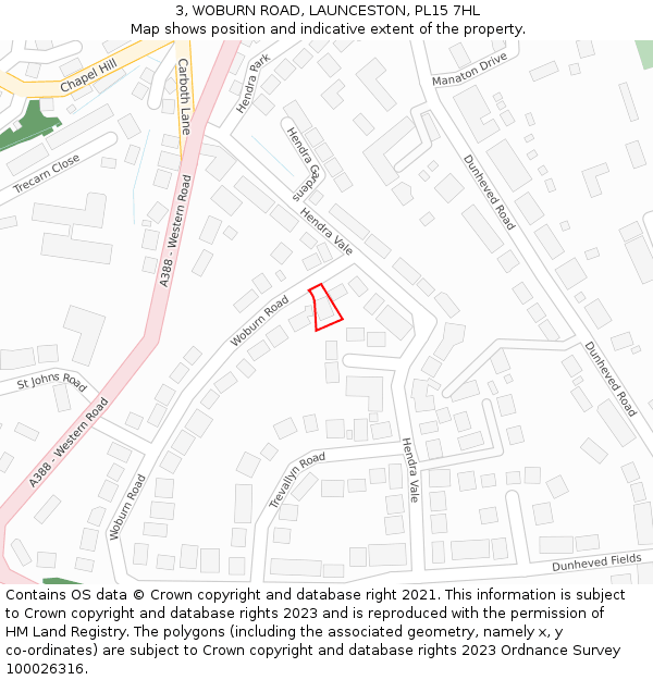 3, WOBURN ROAD, LAUNCESTON, PL15 7HL: Location map and indicative extent of plot