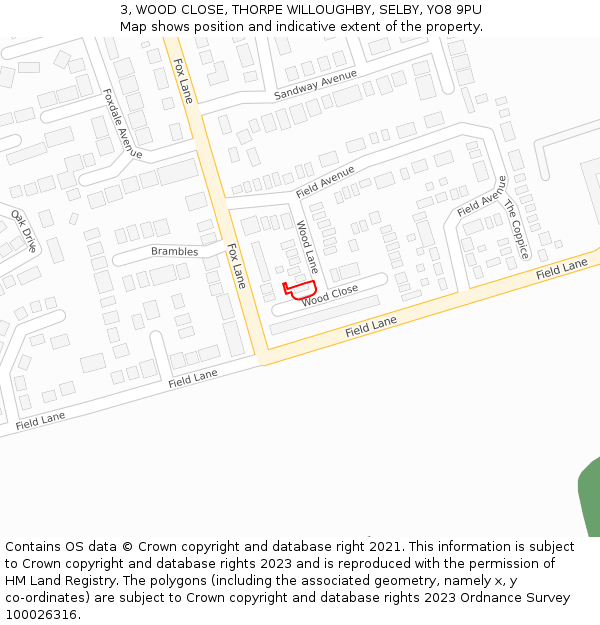 3, WOOD CLOSE, THORPE WILLOUGHBY, SELBY, YO8 9PU: Location map and indicative extent of plot