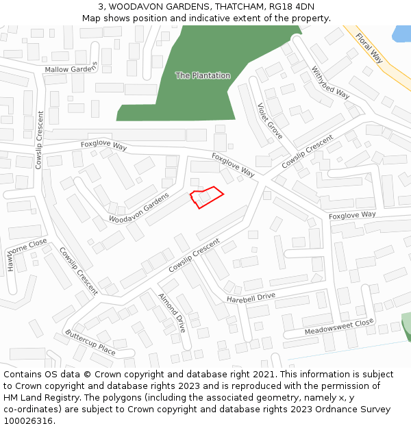 3, WOODAVON GARDENS, THATCHAM, RG18 4DN: Location map and indicative extent of plot