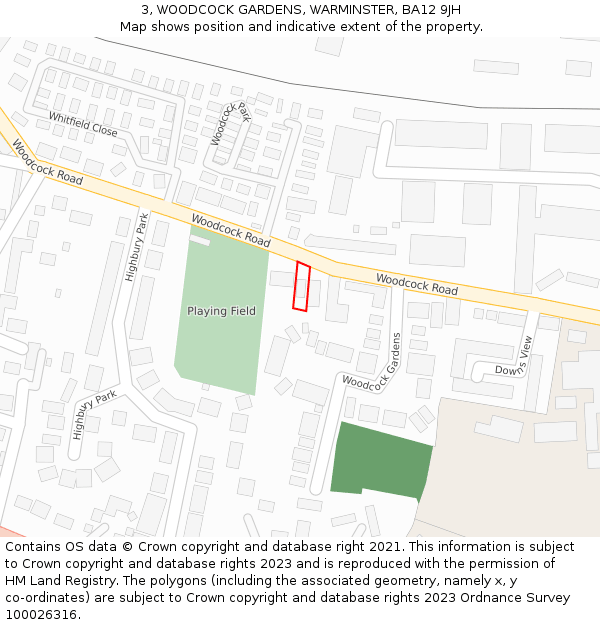 3, WOODCOCK GARDENS, WARMINSTER, BA12 9JH: Location map and indicative extent of plot