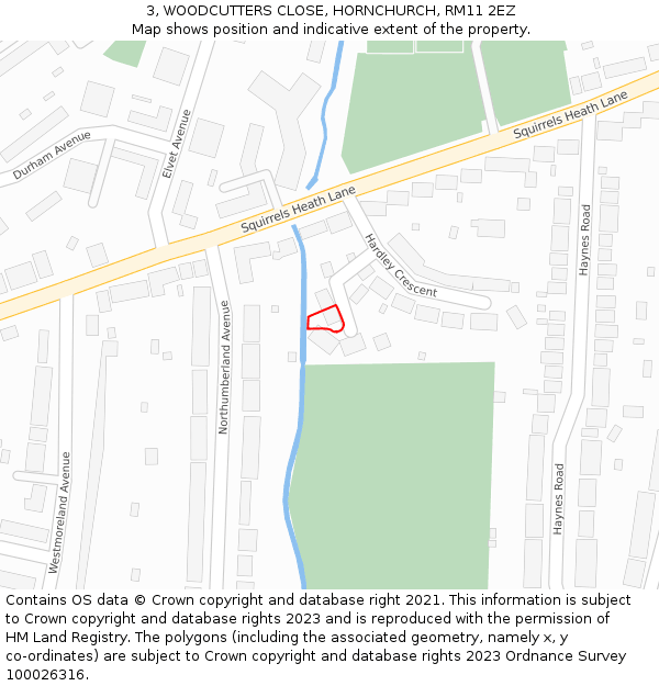 3, WOODCUTTERS CLOSE, HORNCHURCH, RM11 2EZ: Location map and indicative extent of plot