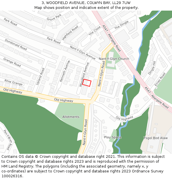 3, WOODFIELD AVENUE, COLWYN BAY, LL29 7UW: Location map and indicative extent of plot