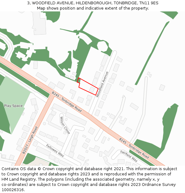 3, WOODFIELD AVENUE, HILDENBOROUGH, TONBRIDGE, TN11 9ES: Location map and indicative extent of plot